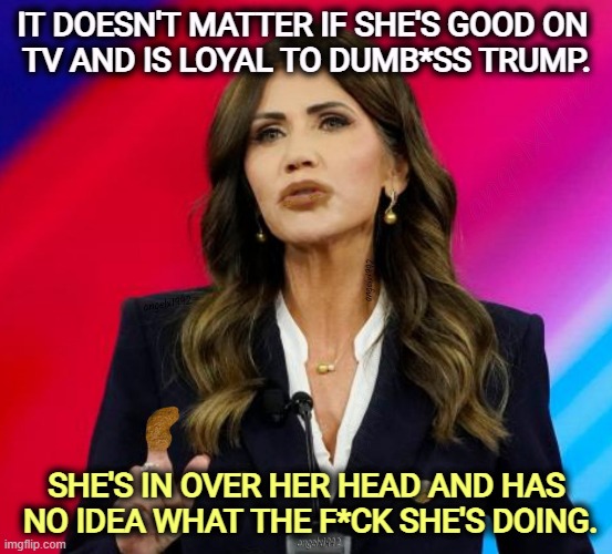 She knows Senator Padilla. Answer his question and move on, idiot! She really needs to find another job closer to her ability. | IT DOESN'T MATTER IF SHE'S GOOD ON 
TV AND IS LOYAL TO DUMB*SS TRUMP. SHE'S IN OVER HER HEAD AND HAS
 NO IDEA WHAT THE F*CK SHE'S DOING. | image tagged in kristi noem,incompetence,idiot,fool,resign | made w/ Imgflip meme maker