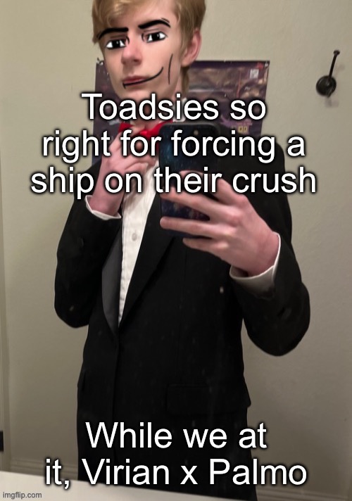 Virian man Face 4 | Toadsies so right for forcing a ship on their crush; While we at it, Virian x Palmo | image tagged in virian man face 4 | made w/ Imgflip meme maker