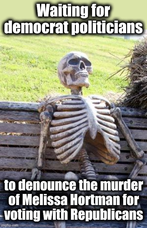 Waiting Skeleton Meme | Waiting for democrat politicians to denounce the murder of Melissa Hortman for
voting with Republicans | image tagged in memes,waiting skeleton | made w/ Imgflip meme maker