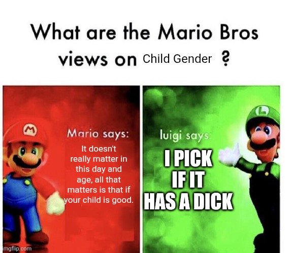 Luigi seriously | Child Gender; I PICK IF IT HAS A DICK; It doesn't really matter in this day and age, all that matters is that if your child is good. | image tagged in mario bros views | made w/ Imgflip meme maker