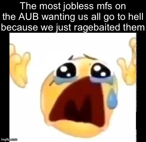 cursed crying emoji | The most jobless mfs on the AUB wanting us all go to hell because we just ragebaited them | image tagged in cursed crying emoji,msmg | made w/ Imgflip meme maker