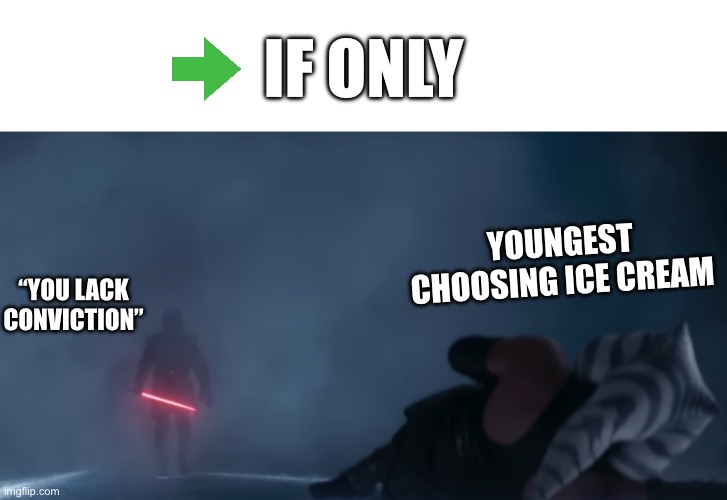 Oldest vs youngest | IF ONLY; YOUNGEST CHOOSING ICE CREAM; “YOU LACK CONVICTION” | image tagged in blank white template,anakin | made w/ Imgflip meme maker