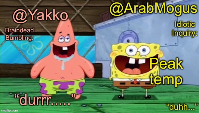 Yakko and ArabMogus’s shared temp | Peak temp | image tagged in yakko and arabmogus s shared temp | made w/ Imgflip meme maker