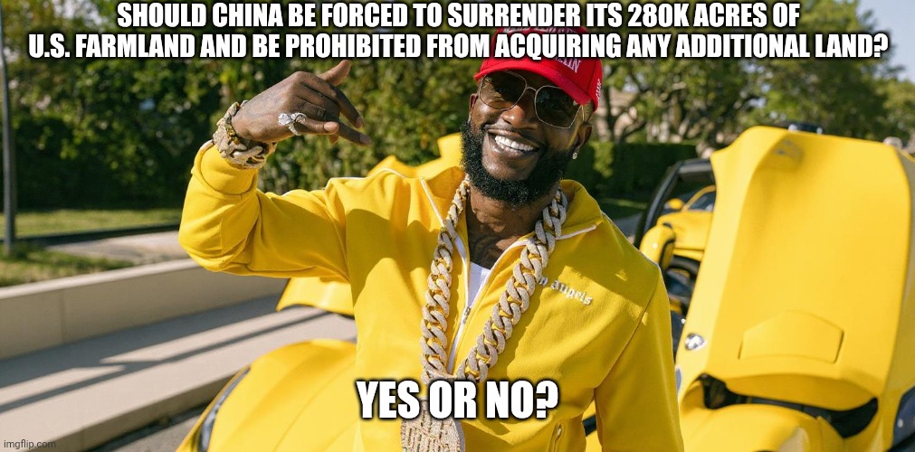 Maga gucci | SHOULD CHINA BE FORCED TO SURRENDER ITS 280K ACRES OF U.S. FARMLAND AND BE PROHIBITED FROM ACQUIRING ANY ADDITIONAL LAND? YES OR NO? | image tagged in maga gucci | made w/ Imgflip meme maker
