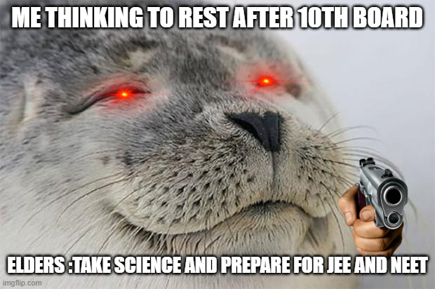 Satisfied Seal | ME THINKING TO REST AFTER 10TH BOARD; ELDERS :TAKE SCIENCE AND PREPARE FOR JEE AND NEET | image tagged in memes,satisfied seal | made w/ Imgflip meme maker