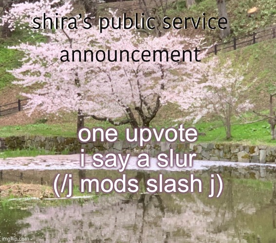 shira’s PSA | one upvote i say a slur (/j mods slash j) | image tagged in shira s psa | made w/ Imgflip meme maker