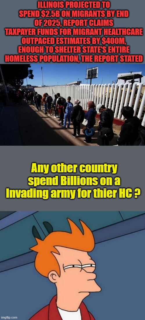 US is being destroy by over burdening our systems and creating massive national debt, is it really that hard to understand | ILLINOIS PROJECTED TO SPEND $2.5B ON MIGRANTS BY END OF 2025, REPORT CLAIMS
TAXPAYER FUNDS FOR MIGRANT HEALTHCARE OUTPACED ESTIMATES BY $400M, ENOUGH TO SHELTER STATE'S ENTIRE HOMELESS POPULATION, THE REPORT STATED; Any other country spend Billions on a Invading army for thier HC ? | image tagged in memes,futurama fry | made w/ Imgflip meme maker