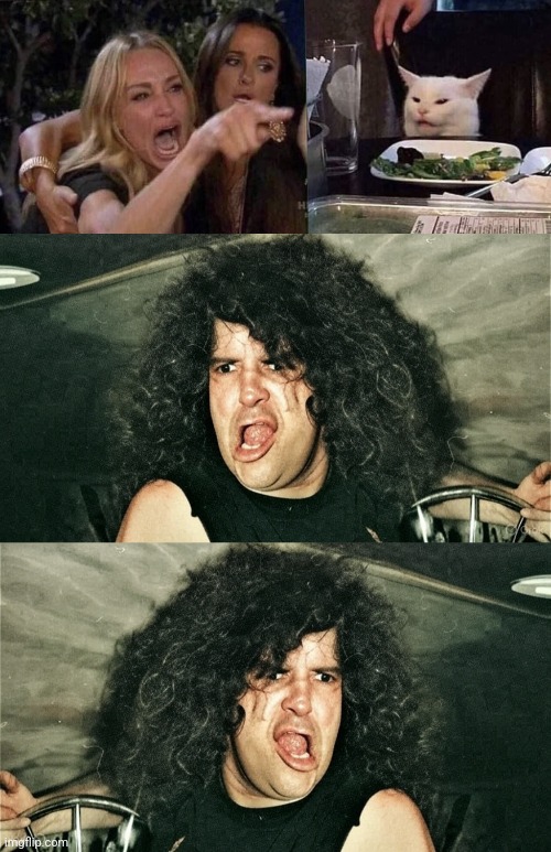 Woman yelling at cat, exodus Paul Baloff Blank Meme Template