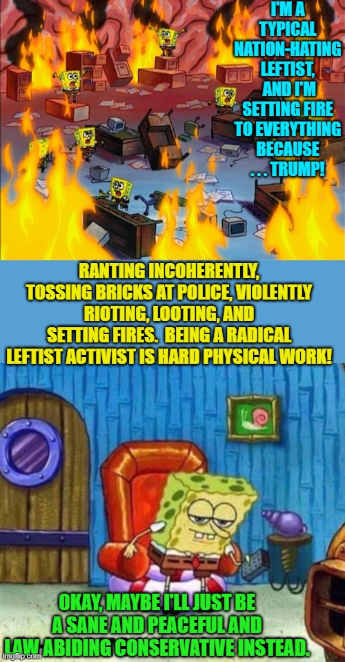 We are all free to make our choices . . . but remember, choices have consequences. | I'M A TYPICAL NATION-HATING LEFTIST,  AND I'M SETTING FIRE TO EVERYTHING BECAUSE . . . TRUMP! RANTING INCOHERENTLY, TOSSING BRICKS AT POLICE, VIOLENTLY RIOTING, LOOTING, AND SETTING FIRES.  BEING A RADICAL LEFTIST ACTIVIST IS HARD PHYSICAL WORK! OKAY, MAYBE I'LL JUST BE A SANE AND PEACEFUL AND LAW ABIDING CONSERVATIVE INSTEAD. | image tagged in spongebob fire | made w/ Imgflip meme maker