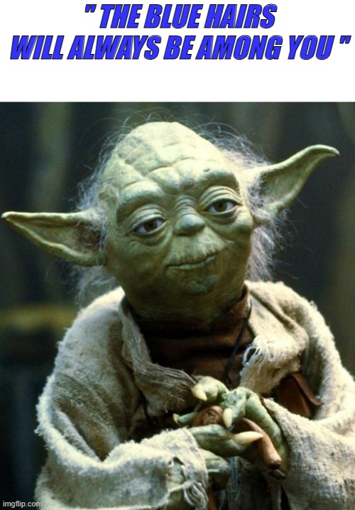 The Wise one | " THE BLUE HAIRS WILL ALWAYS BE AMONG YOU " | image tagged in memes,star wars yoda | made w/ Imgflip meme maker