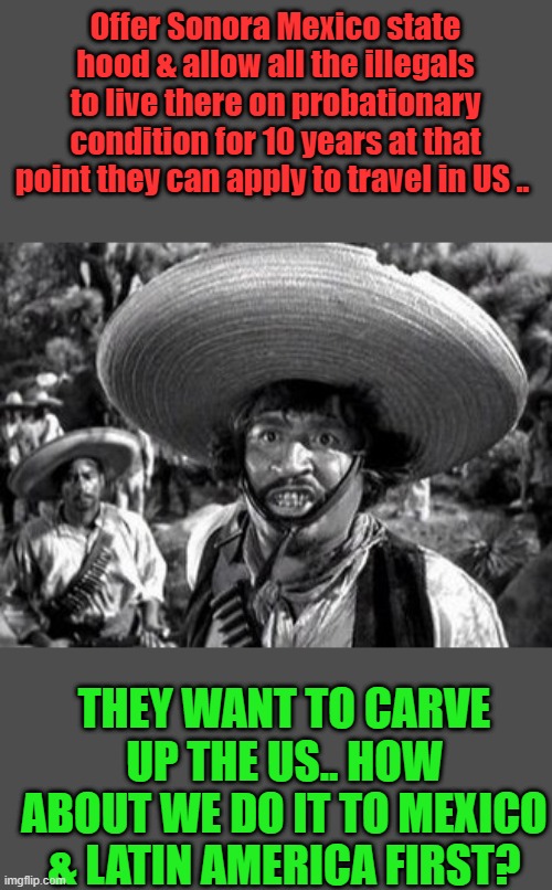 We can do same to Canada.. Alberta already wants to become US state.BUT never give um right to vote or gov. office | Offer Sonora Mexico state hood & allow all the illegals to live there on probationary condition for 10 years at that point they can apply to travel in US .. THEY WANT TO CARVE UP THE US.. HOW ABOUT WE DO IT TO MEXICO & LATIN AMERICA FIRST? | made w/ Imgflip meme maker