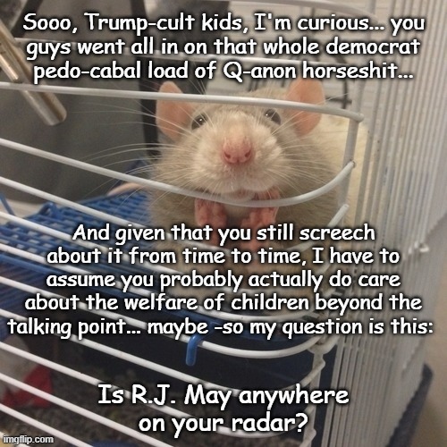 I mean... if you really care and it isn't just about having a talking point... | Sooo, Trump-cult kids, I'm curious... you
guys went all in on that whole democrat
pedo-cabal load of Q-anon horseshit... And given that you still screech about it from time to time, I have to assume you probably actually do care about the welfare of children beyond the talking point... maybe -so my question is this:; Is R.J. May anywhere
on your radar? | image tagged in soooo,pedophiles | made w/ Imgflip meme maker