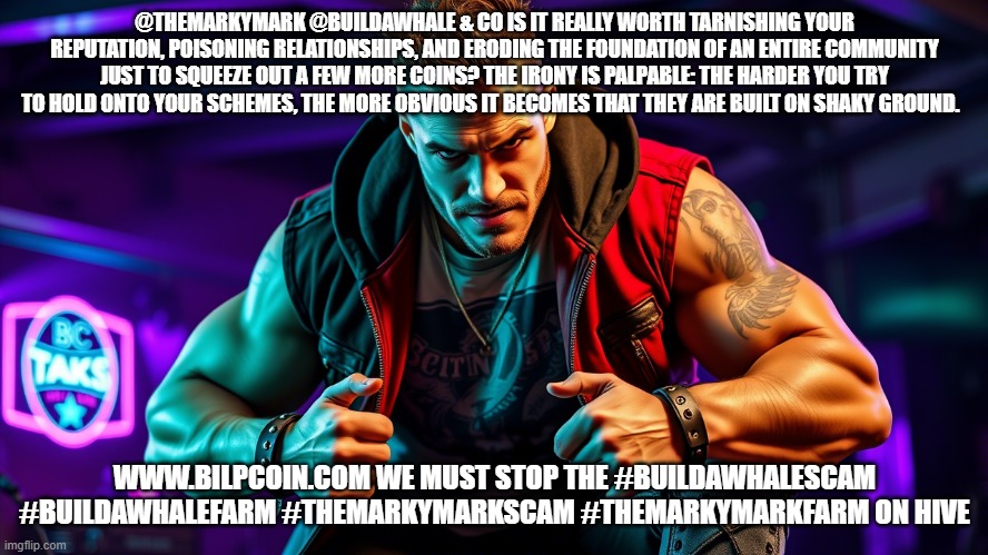 @THEMARKYMARK @BUILDAWHALE & CO IS IT REALLY WORTH TARNISHING YOUR REPUTATION, POISONING RELATIONSHIPS, AND ERODING THE FOUNDATION OF AN ENTIRE COMMUNITY JUST TO SQUEEZE OUT A FEW MORE COINS? THE IRONY IS PALPABLE: THE HARDER YOU TRY TO HOLD ONTO YOUR SCHEMES, THE MORE OBVIOUS IT BECOMES THAT THEY ARE BUILT ON SHAKY GROUND. WWW.BILPCOIN.COM WE MUST STOP THE #BUILDAWHALESCAM #BUILDAWHALEFARM #THEMARKYMARKSCAM #THEMARKYMARKFARM ON HIVE | made w/ Imgflip meme maker