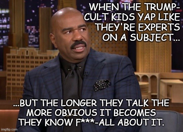 TFYM | WHEN THE TRUMP-
CULT KIDS YAP LIKE
THEY'RE EXPERTS
ON A SUBJECT... ...BUT THE LONGER THEY TALK THE
MORE OBVIOUS IT BECOMES
THEY KNOW F***-ALL ABOUT IT. | image tagged in steve harvey look,know-nothings,special kind of stupid,blight on american society | made w/ Imgflip meme maker