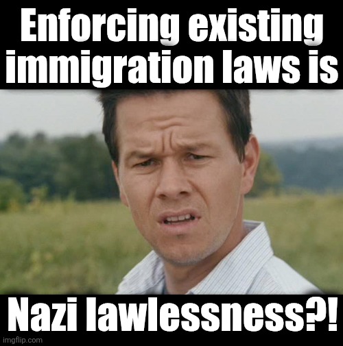 Enforcing existing
immigration laws is Nazi lawlessness?! | image tagged in blank black,mark wahlberg confused | made w/ Imgflip meme maker