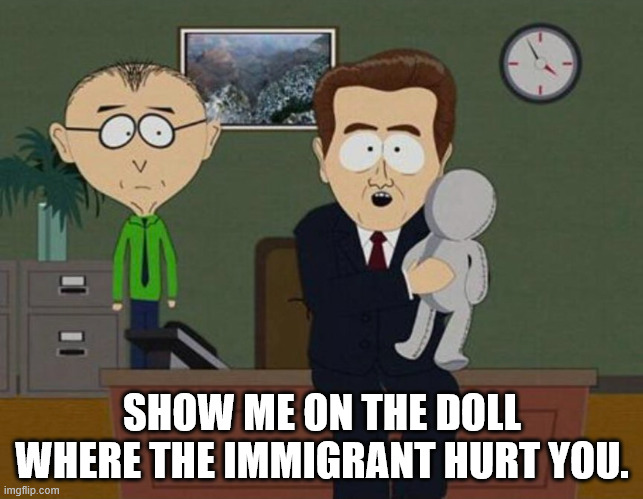 Show me on the doll where he hurt you | SHOW ME ON THE DOLL WHERE THE IMMIGRANT HURT YOU. | image tagged in show me on the doll where he hurt you | made w/ Imgflip meme maker