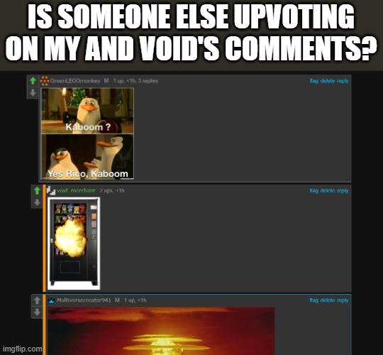 Is someone else upvoting my comments? | IS SOMEONE ELSE UPVOTING ON MY AND VOID'S COMMENTS? | image tagged in heya kid je suis le sans de topic,system if you're taking a break,please take care of yourself | made w/ Imgflip meme maker