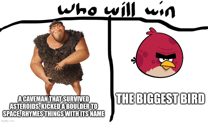 Comment who will win | A CAVEMAN THAT SURVIVED ASTEROIDS, KICKED A BOULDER TO SPACE, RHYMES THINGS WITH ITS NAME; THE BIGGEST BIRD | image tagged in who will win | made w/ Imgflip meme maker