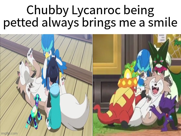 Love for the chubby rock wolf | Chubby Lycanroc being petted always brings me a smile | image tagged in memes,funny,pokemon,anime | made w/ Imgflip meme maker