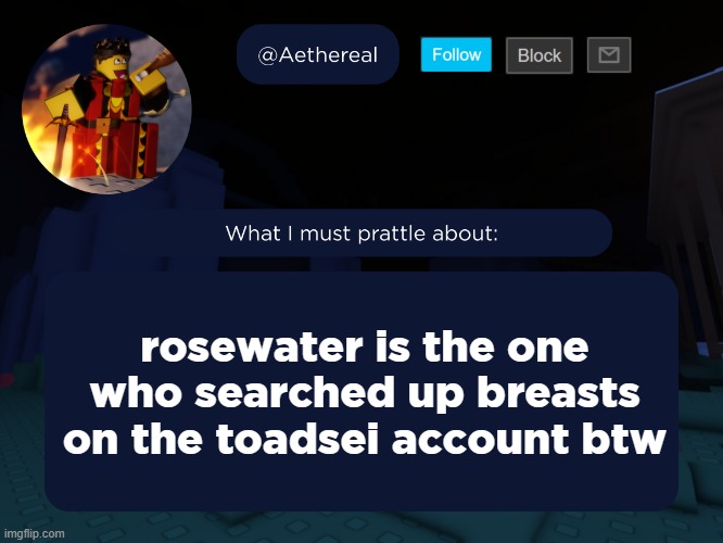 i mean, im pretty sure. they were the one to last use the account based on my knowledge. | rosewater is the one who searched up breasts on the toadsei account btw | image tagged in aethereal's forsaken template | made w/ Imgflip meme maker