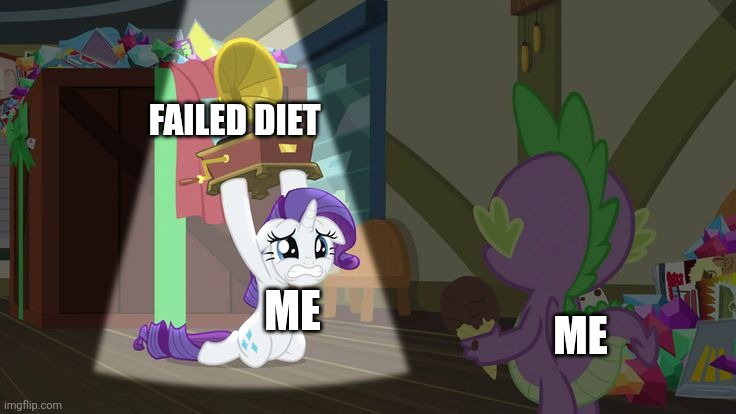 My failed diet | FAILED DIET; ME; ME | image tagged in rarity apologies,jpfan102504,relatable,food,humor,memes | made w/ Imgflip meme maker