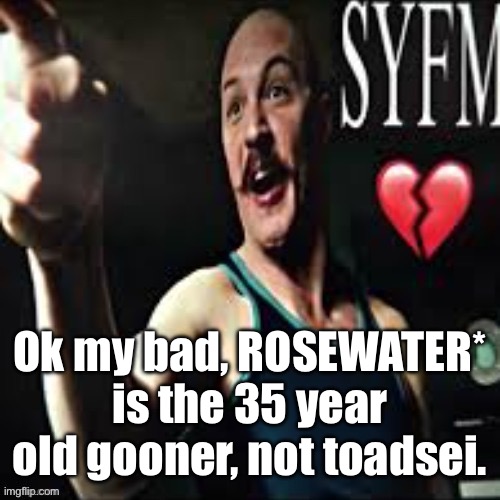 Charles Bronson syfm | Ok my bad, ROSEWATER* is the 35 year old gooner, not toadsei. | image tagged in charles bronson syfm | made w/ Imgflip meme maker