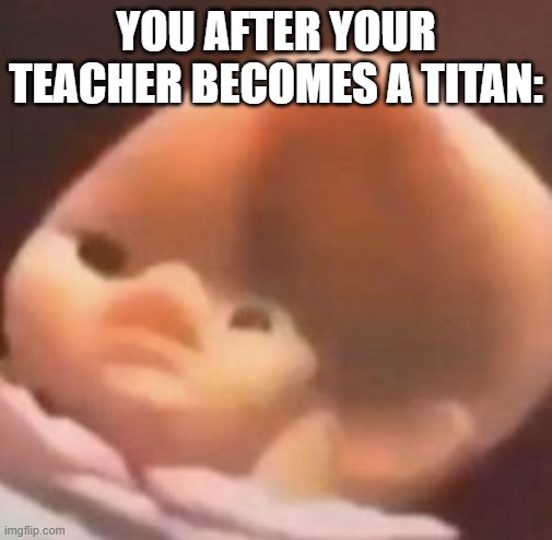 squished baby face | YOU AFTER YOUR TEACHER BECOMES A TITAN: | image tagged in squished baby face | made w/ Imgflip meme maker