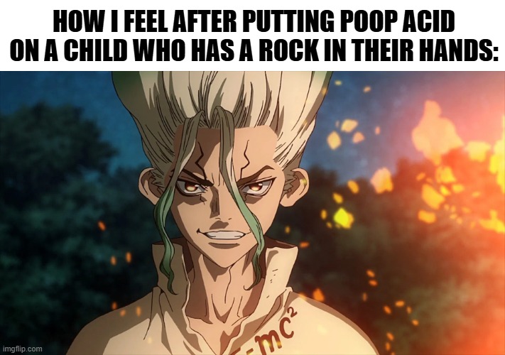Yes, I like Dr. Stone | HOW I FEEL AFTER PUTTING POOP ACID
ON A CHILD WHO HAS A ROCK IN THEIR HANDS: | image tagged in dr stone senku | made w/ Imgflip meme maker