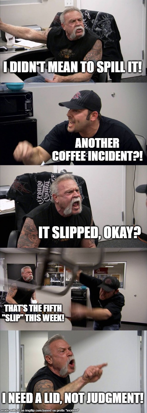 dPT_dOT_dOT_fULLY_tWARTING | I DIDN'T MEAN TO SPILL IT! ANOTHER COFFEE INCIDENT?! IT SLIPPED, OKAY? THAT'S THE FIFTH "SLIP" THIS WEEK! I NEED A LID, NOT JUDGMENT! | image tagged in american chopper argument,w/ anti-memetics,b/ memer,/p enjoyment,f/ followers,o/ inartistry | made w/ Imgflip meme maker