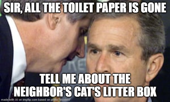dOT_dOT_dOT_sOMEWHAT_dISCONTINUING_eXPECTING_eXHAUSTION | SIR, ALL THE TOILET PAPER IS GONE; TELL ME ABOUT THE NEIGHBOR'S CAT'S LITTER BOX | image tagged in george bush 9/11,w/ absurdism,b/ memer,p/ settling,f/ followers,o/ inartistry | made w/ Imgflip meme maker