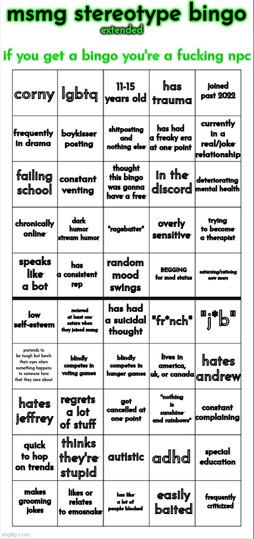 if i believe hard enough i could extend this even more | image tagged in msmg stereotype bingo extended | made w/ Imgflip meme maker