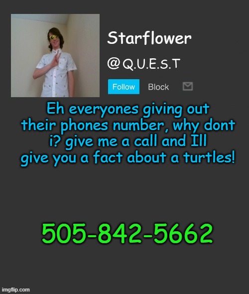 Starflower quest template | Eh everyones giving out their phones number, why dont i? give me a call and Ill give you a fact about a turtles! 505-842-5662 | image tagged in starflower quest template | made w/ Imgflip meme maker
