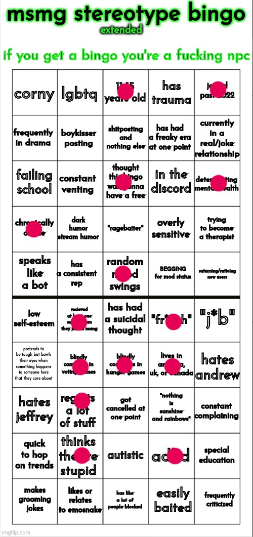 ... | image tagged in msmg stereotype bingo extended | made w/ Imgflip meme maker
