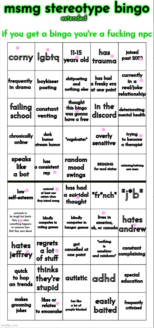 bored | image tagged in msmg stereotype bingo extended | made w/ Imgflip meme maker