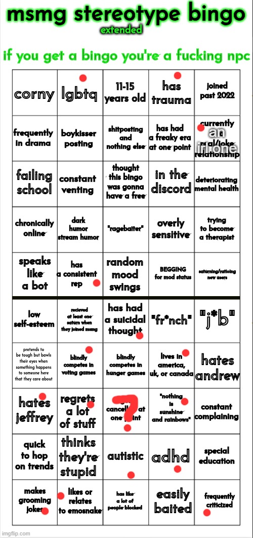 i cant be an npc i was the main character for like a week | an irl one | image tagged in msmg stereotype bingo extended | made w/ Imgflip meme maker
