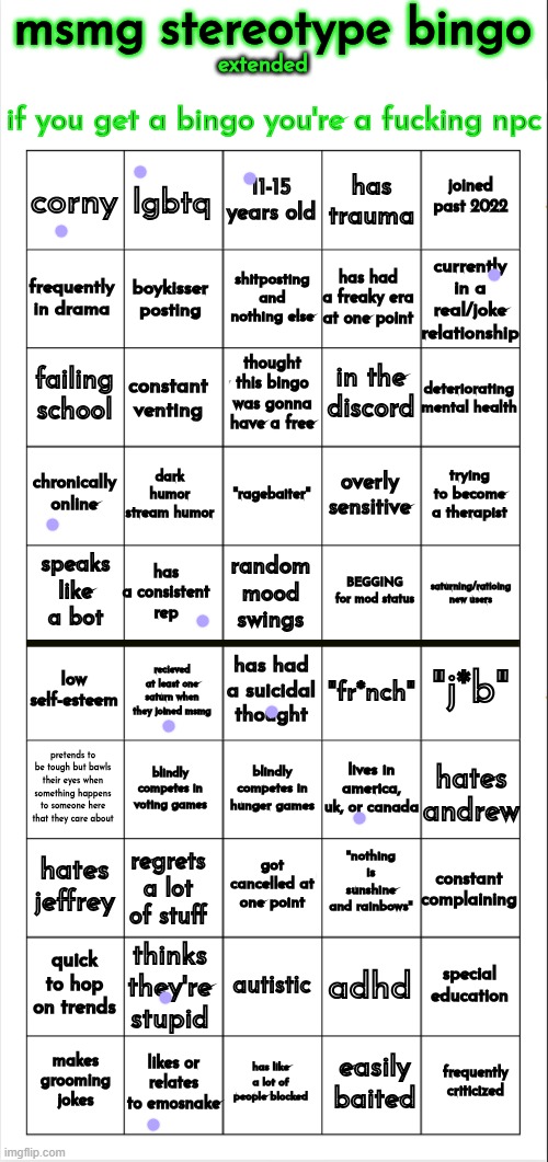 i think i got everything | image tagged in msmg stereotype bingo extended | made w/ Imgflip meme maker