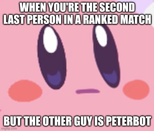 this happen to me today no cap | WHEN YOU'RE THE SECOND LAST PERSON IN A RANKED MATCH; BUT THE OTHER GUY IS PETERBOT | image tagged in blank kirby face | made w/ Imgflip meme maker