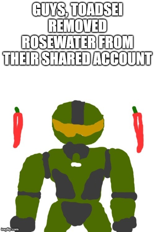 SpicyMasterChief's announcement template | GUYS, TOADSEI REMOVED ROSEWATER FROM THEIR SHARED ACCOUNT | image tagged in spicymasterchief's announcement template | made w/ Imgflip meme maker