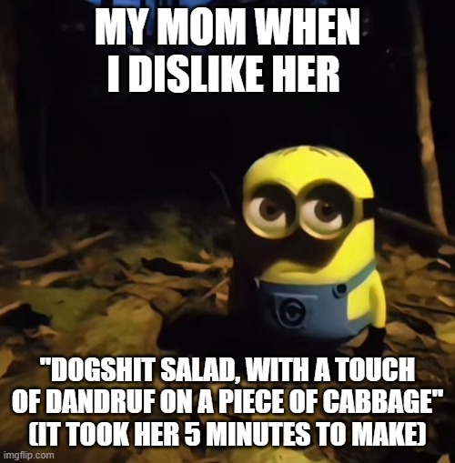 she knows the foods i openly hate, yet thats all i eat, its not cos its cheap, its over the average price | MY MOM WHEN I DISLIKE HER; "DOGSHIT SALAD, WITH A TOUCH OF DANDRUF ON A PIECE OF CABBAGE"
(IT TOOK HER 5 MINUTES TO MAKE) | image tagged in minion in dark forest | made w/ Imgflip meme maker