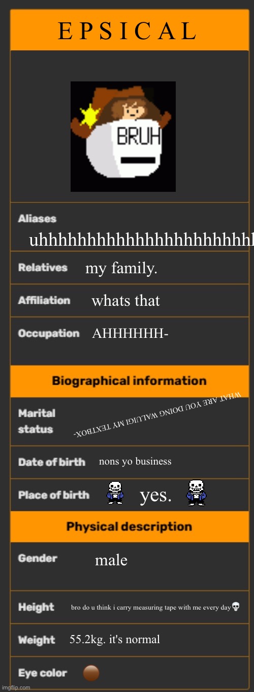 dont ask- | E P S I C A L; uhhhhhhhhhhhhhhhhhhhhhhhhhhhh; my family. whats that; AHHHHHH-; WHAT ARE YOU DOING WALUIGI MY TEXTBOX-; nons yo business; yes. male; bro do u think i carry measuring tape with me every day💀; 55.2kg. it's normal; 🟤 | image tagged in wiki infobox template | made w/ Imgflip meme maker