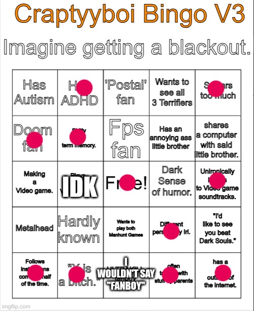 Craptyyboi bingo v3 | IDK; I WOULDN'T SAY "FANBOY" | image tagged in craptyyboi bingo v3 | made w/ Imgflip meme maker