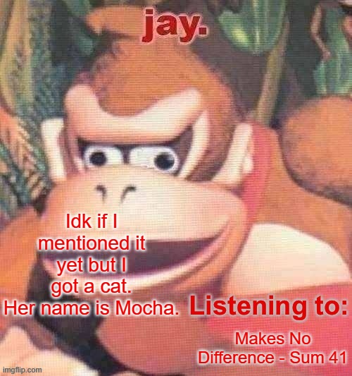 Nic forced me to get her. He really wanted a cat, this cat perfectly matched his description of an ideal cat. So I got the cat. | Idk if I mentioned it yet but I got a cat. Her name is Mocha. Makes No Difference - Sum 41 | image tagged in jay updated temp | made w/ Imgflip meme maker