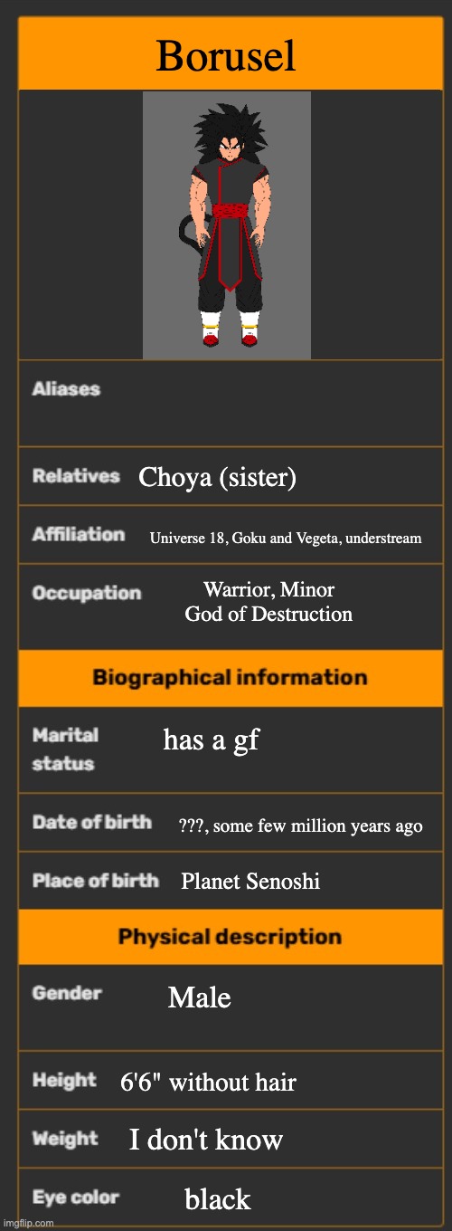 Borusel | Borusel; Choya (sister); Universe 18, Goku and Vegeta, understream; Warrior, Minor God of Destruction; has a gf; ???, some few million years ago; Planet Senoshi; Male; 6'6" without hair; I don't know; black | image tagged in wiki infobox template,dbs | made w/ Imgflip meme maker