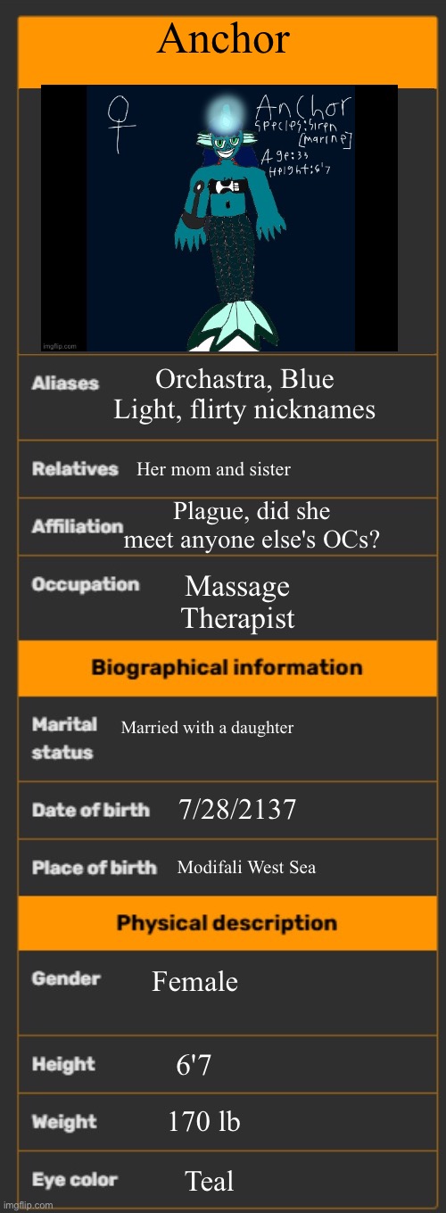Anchor | Anchor; Orchastra, Blue Light, flirty nicknames; Her mom and sister; Plague, did she meet anyone else's OCs? Massage Therapist; Married with a daughter; 7/28/2137; Modifali West Sea; Female; 6'7; 170 lb; Teal | image tagged in wiki infobox template | made w/ Imgflip meme maker