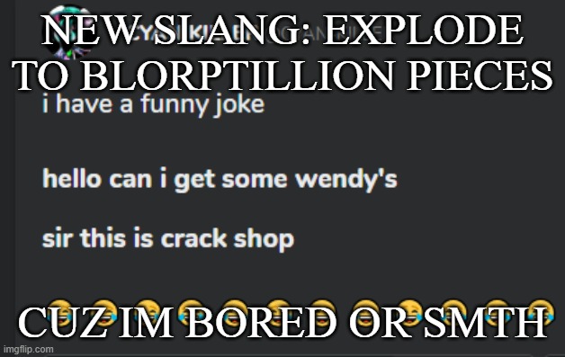 Crack shop | NEW SLANG: EXPLODE TO BLORPTILLION PIECES; CUZ IM BORED OR SMTH | image tagged in crack shop | made w/ Imgflip meme maker