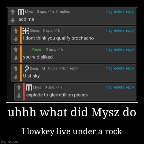 uhhh what did Mysz do | I lowkey live under a rock | image tagged in funny,demotivationals | made w/ Imgflip demotivational maker
