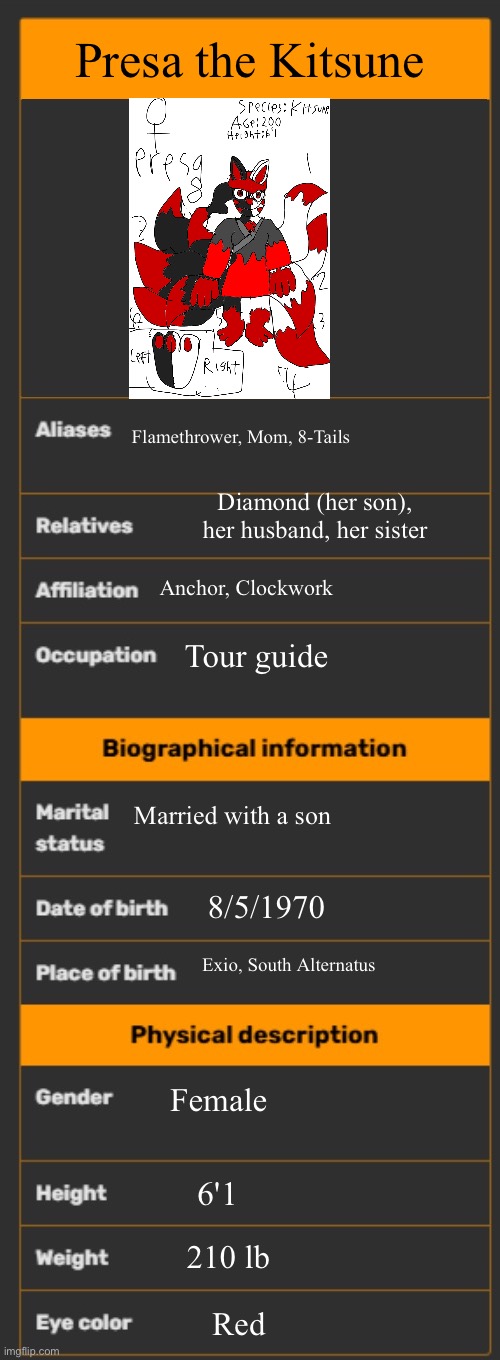 Presa | Presa the Kitsune; Flamethrower, Mom, 8-Tails; Diamond (her son), her husband, her sister; Anchor, Clockwork; Tour guide; Married with a son; 8/5/1970; Exio, South Alternatus; Female; 6'1; 210 lb; Red | image tagged in wiki infobox template | made w/ Imgflip meme maker