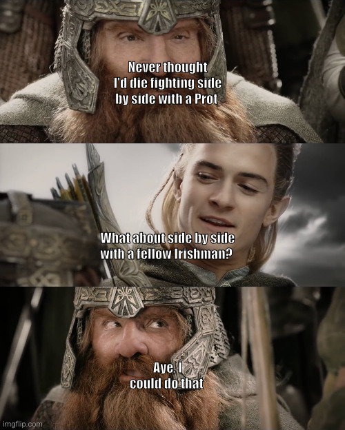 LOTR Side by Side with a Friend | Never thought I'd die fighting side by side with a Prot; What about side by side with a fellow Irishman? Aye, I could do that | image tagged in lotr side by side with a friend | made w/ Imgflip meme maker