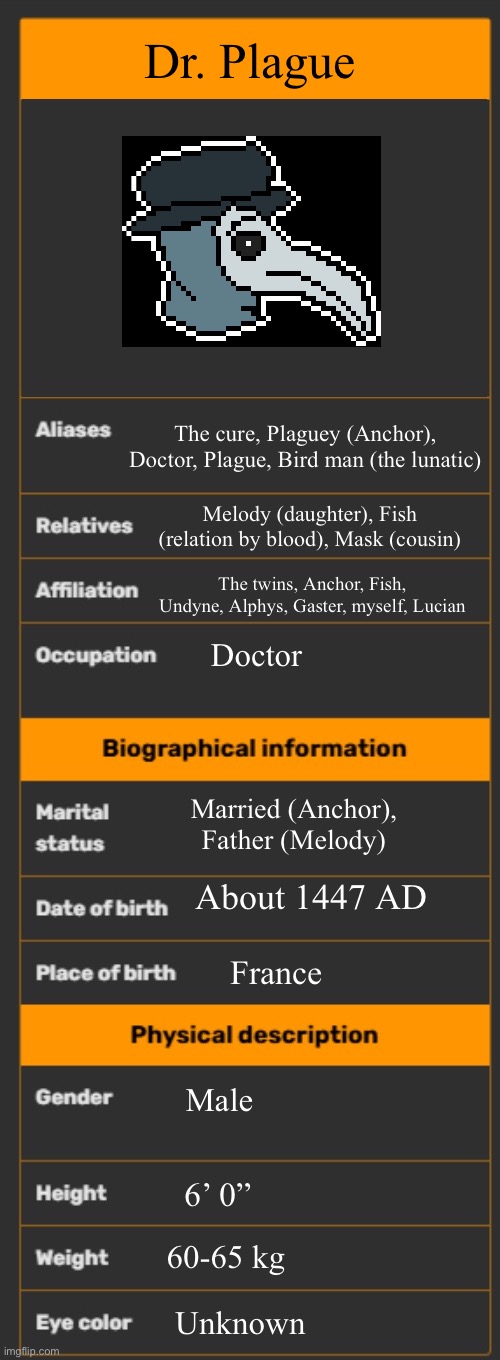 Plague | Dr. Plague; The cure, Plaguey (Anchor), Doctor, Plague, Bird man (the lunatic); Melody (daughter), Fish (relation by blood), Mask (cousin); The twins, Anchor, Fish, Undyne, Alphys, Gaster, myself, Lucian; Doctor; Married (Anchor), Father (Melody); About 1447 AD; France; Male; 6’ 0”; 60-65 kg; Unknown | image tagged in wiki infobox template | made w/ Imgflip meme maker