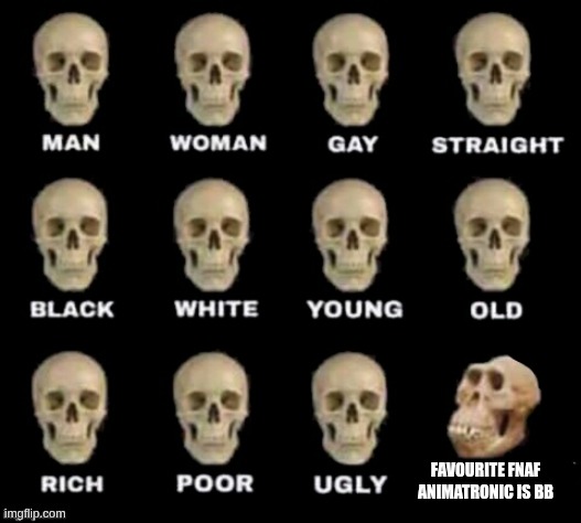 this is so true lol | FAVOURITE FNAF ANIMATRONIC IS BB | image tagged in idiot skull | made w/ Imgflip meme maker